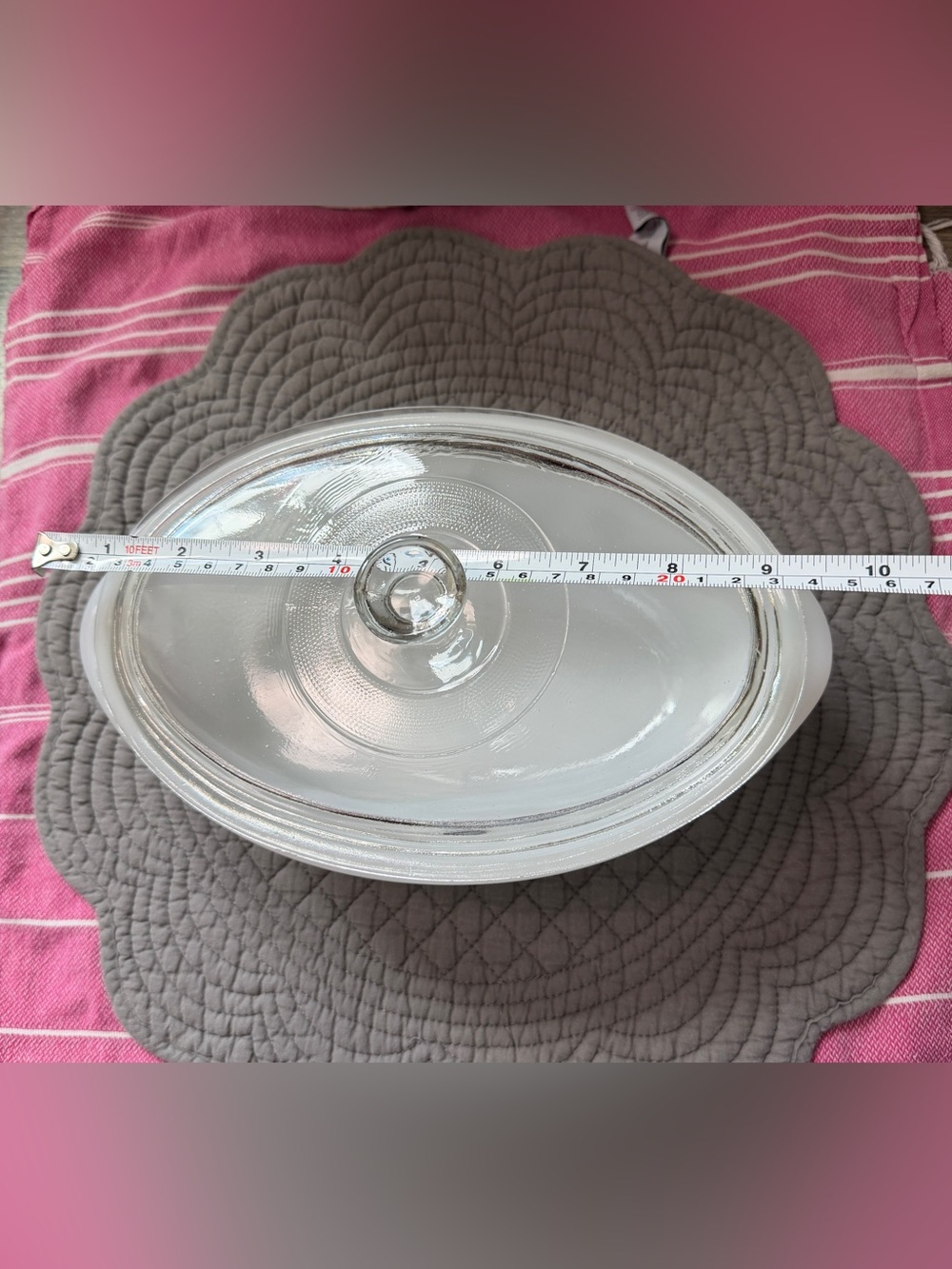 Vintage White Milk Glass Casserole Dish with Green Floral Pattern and Glass Lid - Picture 7 of 7
